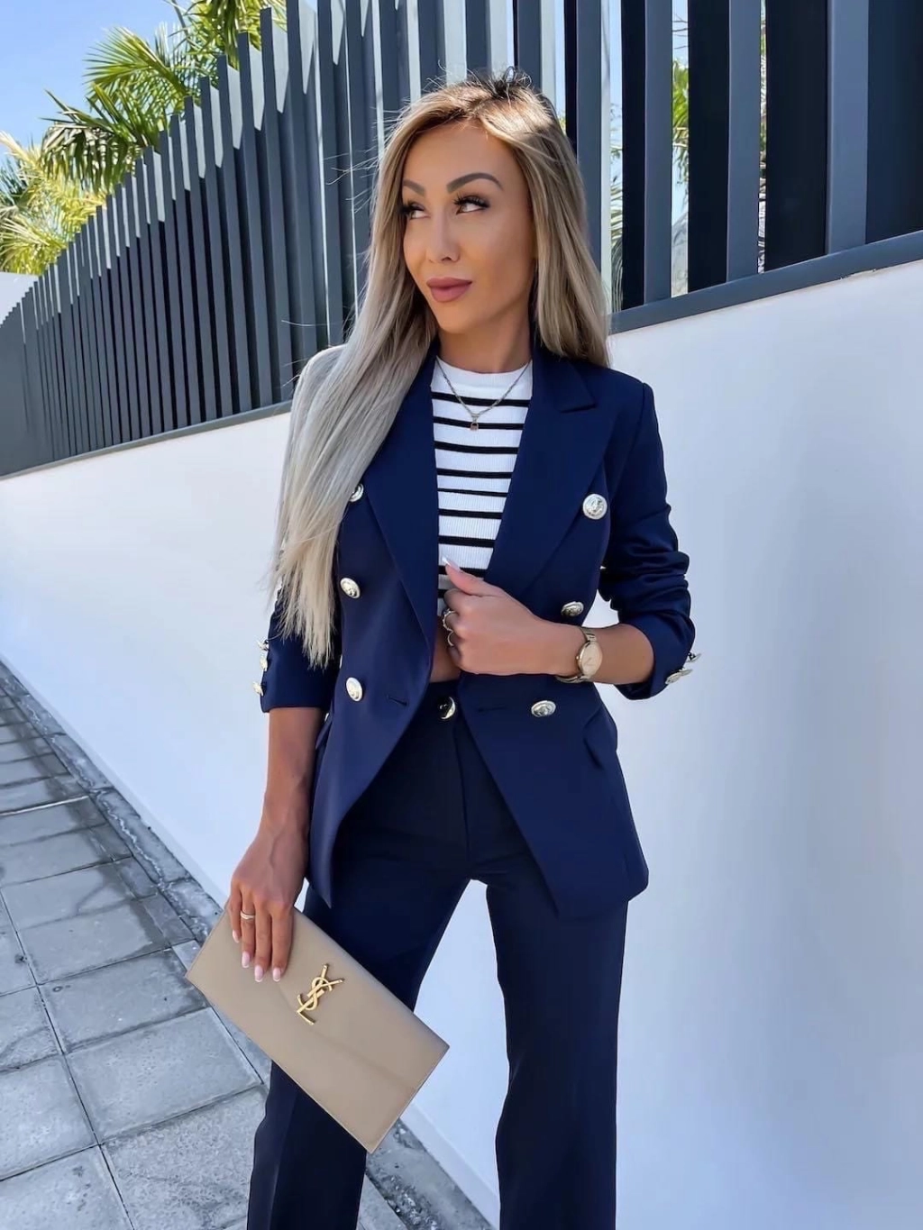 Women's suit jacket + gray striped pants