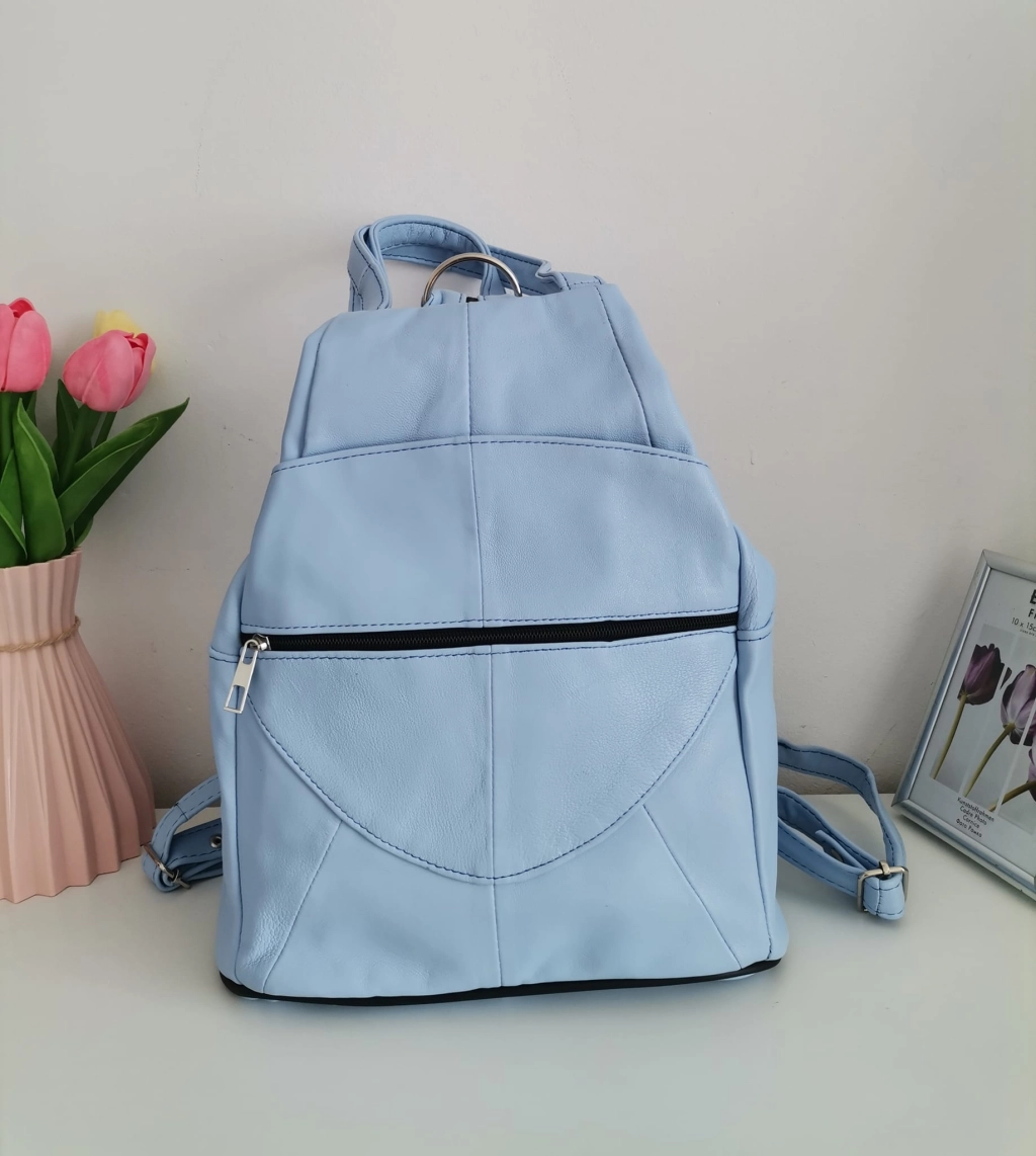 Genuine leather backpack with many pockets