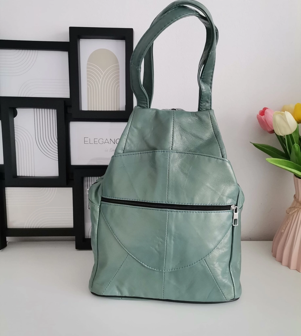 Genuine leather backpack with many pockets