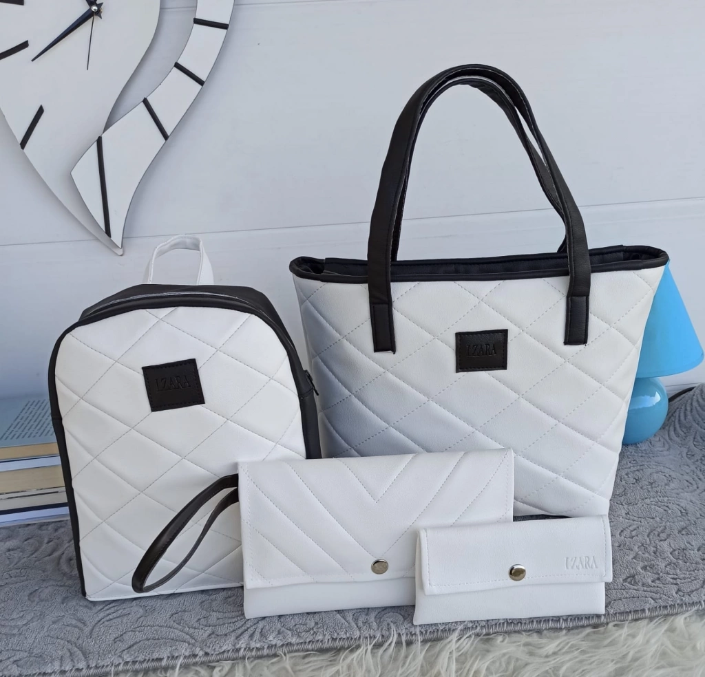 Σετ σε λευκό και μαύρο - σακίδιο και τσάντα με συμπλέκτη και πορτοφόλι